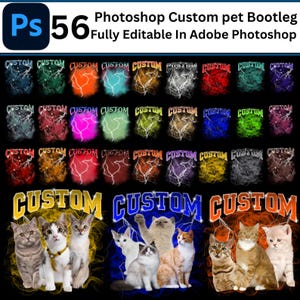 Pode incluir: Um modelo de design digital para criar retratos de animais de estimação personalizados. O design apresenta um fundo preto com um efeito de raio colorido e o texto "CUSTOM" em negrito, em amarelo. Existem várias opções de cor para o efeito de raio, incluindo vermelho, azul, verde e roxo. O design também inclui um grupo de gatos com diferentes cores e padrões de pelagem.