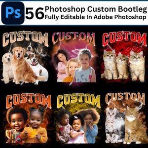 May include: Four customizable t-shirt designs featuring a variety of subjects, including children, dogs, and cats. The designs include the word "CUSTOM" in a bold, stylized font.