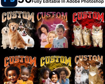 May include: Four customizable t-shirt designs featuring a variety of subjects, including children, dogs, and cats. The designs include the word "CUSTOM" in a bold, stylized font.