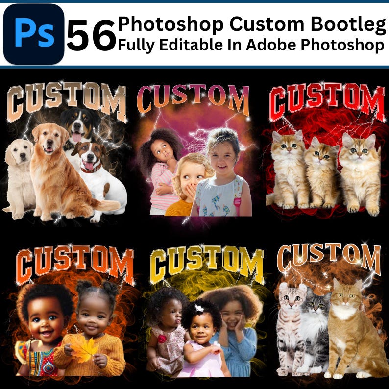 May include: Four customizable t-shirt designs featuring a variety of subjects, including children, dogs, and cats. The designs include the word "CUSTOM" in a bold, stylized font.