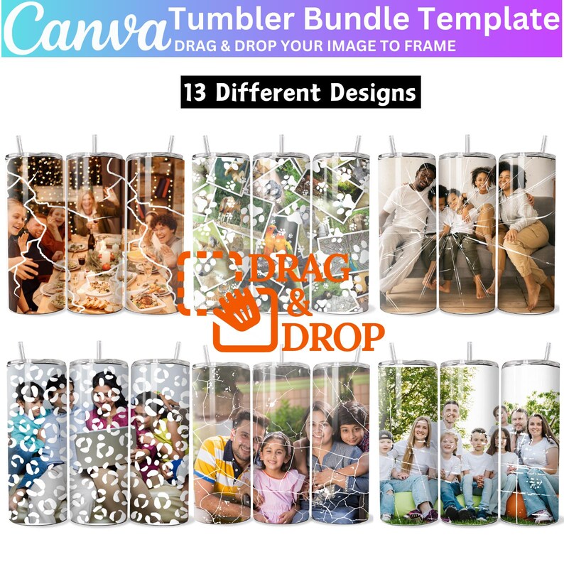 Op de afbeelding: Een set van 13 aanpasbare bekerontwerpen met verschillende fotocollage-stijlen. De ontwerpen omvatten een gebarsten glaseffect, een luipaardprint en een pootprint. De bekers zijn perfect om een ​​persoonlijke touch aan je drankjes toe te voegen.