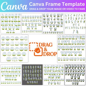 Può includere: Un grafico Canva Frame Template con vari design di alfabeto e numeri. I design includono lettere a bolle con accenti verdi e bianchi e stili di monogramma. Le parole "DRAG & DROP" sono evidenziate con un'icona a forma di mano arancione.