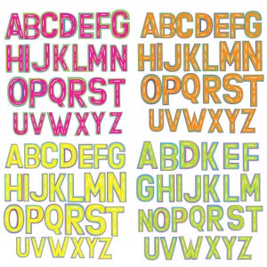 Bright Funky Colorful Alphabet PNG Bundle, 5 Alpha Sets, Bright Color palette, Scribble Alphabets, Digital Downloads for Sublimation