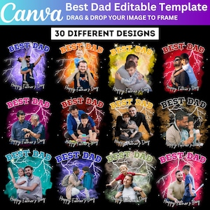 Puede incluir: Una plantilla digital con 30 dise&ntilde;os para el D&iacute;a del Padre. Cada dise&ntilde;o presenta el texto "Best Dad" con una foto de un padre y un ni&ntilde;o, rodeado de rayos y el texto "Happy Father's Day". El logotipo de Canva est&aacute; en la parte superior izquierda.