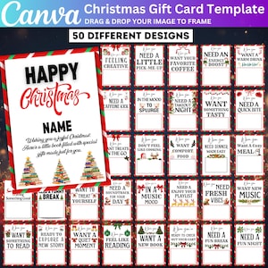 May include: A Christmas gift card template with 50 different designs. The template includes a large card with "Happy Christmas" and "Name" in red script, plus smaller cards with various themes like "Need a Caffeine Kick" and "Want a Cozy Meal."