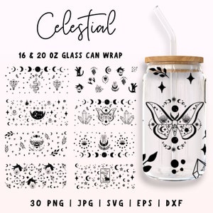 30 Soleil céleste et lune Libbey Glass Can Wrap, 16oz & 20oz Mystical Crystal svg Bundle, Mystical Magic Libbey Full Wrap Svg, Mystical svg