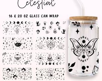 Puede incluir: Un conjunto de 30 diseños digitales con motivos celestiales y fases lunares, estrellas, cristales, mariposas y otros elementos místicos. Los diseños son perfectos para crear envoltorios personalizados para latas de vidrio de 473 ml y 591 ml. Los diseños están disponibles en formatos PNG, JPG, SVG, EPS y DXF.