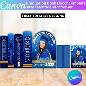 Blue Graduation Book Decor Canva Editable Template, Graduation Panel Board, Yellow Grad Backdrop Arch Foam Board, Floor Wrap Decor Set