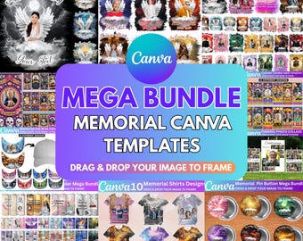 Megapack de plantillas de Canva "En memoria amorosa", diseños editables de camisetas conmemorativas, vaso de camiseta funerario, botón con pin, programa conmemorativo