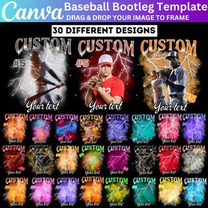 Lot de 30 modèles de modèles de toile modifiables Baseball Canva, modèles de t-shirt de baseball bootleg, photo personnalisée de joueur de baseball, t-shirt de rap baseball