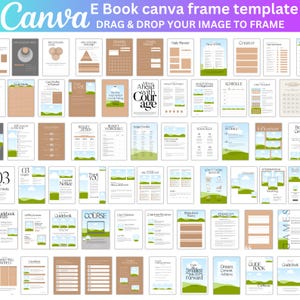 May include: A collection of 48 Canva ebook templates featuring various layouts and designs. The templates include a variety of themes, such as budgeting, social media, and influencer marketing. The templates are designed to be used with Canva, a popular online design platform.