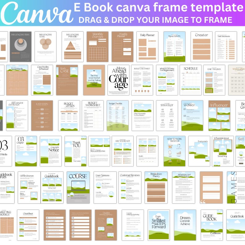 May include: A collection of 48 Canva ebook templates featuring various layouts and designs. The templates include a variety of themes, such as budgeting, social media, and influencer marketing. The templates are designed to be used with Canva, a popular online design platform.
