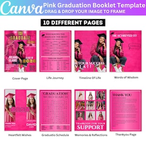 May include: A pink graduation booklet template with 10 different pages. The cover page features a graduate's photo and details. Other pages include a life journey questionnaire, timeline, word search, and thank you notes. The template is designed for easy customization.