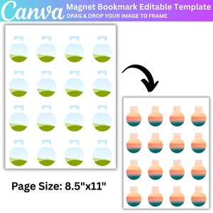 May include: A template for magnet bookmarks with a Canva logo. The design features two sets of images: one with a jar-like shape and the other with a vase-like shape. The page size is 8.5"x11". The text reads "Magnet Bookmark Editable Template".