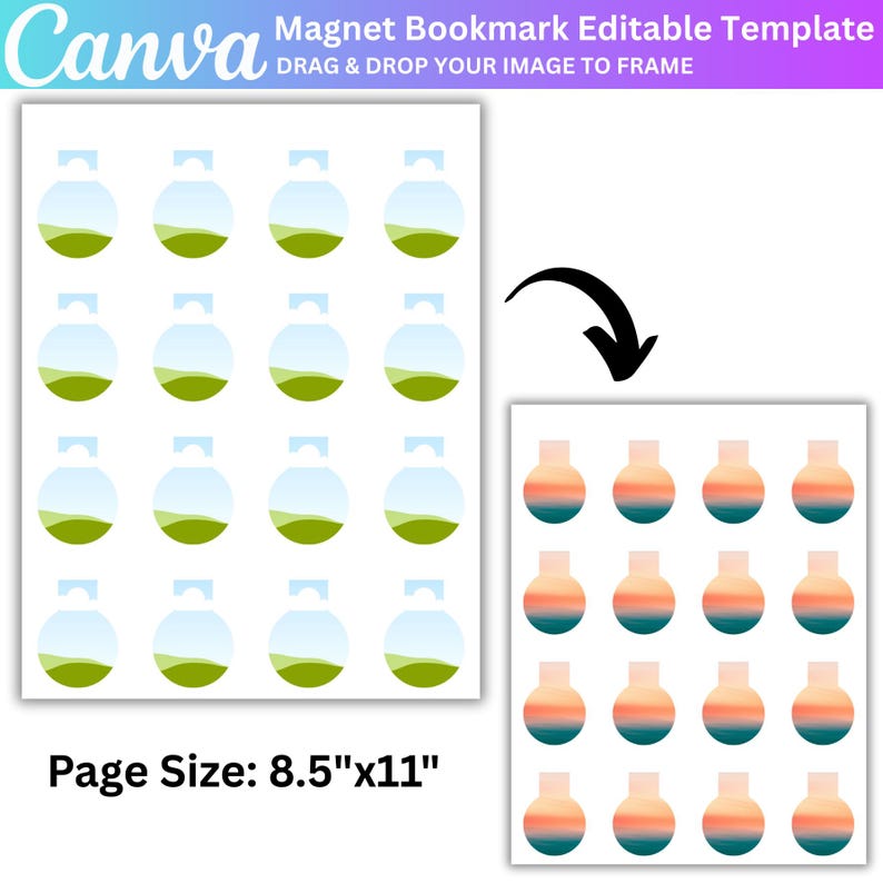 May include: A template for magnet bookmarks with a Canva logo. The design features two sets of images: one with a jar-like shape and the other with a vase-like shape. The page size is 8.5"x11". The text reads "Magnet Bookmark Editable Template".