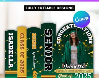 Green Graduation Book Decor Canva Editable Template, Graduation Panel Board, Yellow Grad Backdrop Arch Foam Board, Floor Wrap Decor Set