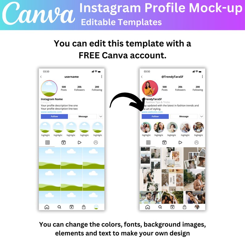 May include: Two mockups of Instagram profile pages. The first page has a blue sky and green hills background with the username "username". The second page has a photo of a woman with the username "@TrendyTaraSF". Both pages have a grid of nine images.