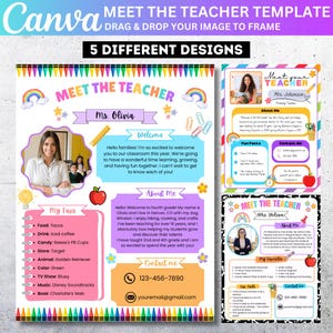 May include: A Canva template with five teacher introduction designs. Each design includes space for a photo, teacher's name, contact information, and favourite things. The templates are colourful and feature rainbow and apple graphics.
