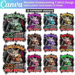 Puede incluir: Diseño para una camiseta Alumini Homecoming. El diseño presenta un lobo con el texto "Homecoming", "Alumini RHS 2025" y "Wolf Nation". Hay 10 diseños diferentes con varias combinaciones de colores.