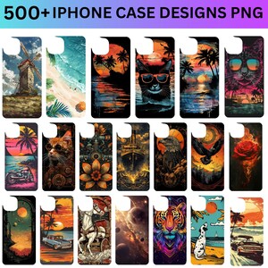 May include: A selection of iPhone case designs with diverse illustrations. The cases display images of a windmill, beach scenes, sunsets, a cat wearing sunglasses, a motorcycle, a ship, an eagle, a tiger, and a Dalmatian. The text at the top reads "500+ IPHONE CASE DESIGNS PNG".