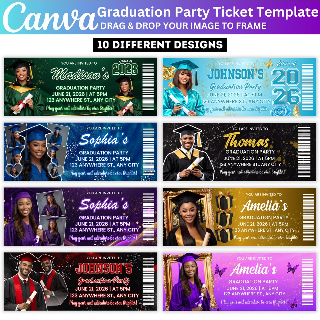 10 Graduation Party Ticket Template Bundle, Editable Canva Graduation ...