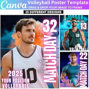 May include: A volleyball poster template with a pink and orange background. The text "Match Day" is written in large white letters. The number "32" is written in white letters above the text. The text "Jordan" is written in white letters below the text. The text "2025" is written in white letters below the text. The text "Your Position Volleyball" is written in white letters below the text.
