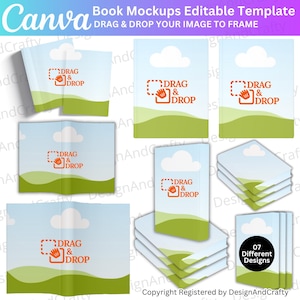 May include: A collection of book mockups with a blue sky and green landscape design. Each mockup features the text "DRAG & DROP" and is designed to frame an image. The Canva logo is visible in the top left corner.
