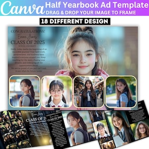May include: A digital template for a yearbook ad with a collage of photos of a young girl. The text reads "Congratulations! Emma James, Class of 2025, School University".