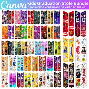 Può includere: Una collezione di stole di laurea colorate con il testo "Kids Graduation Stole Bundle". Le stole presentano foto, nomi e l'anno 2026. I design includono "Pre-K Grad", "Kinder Grad" e "Class of 2026".