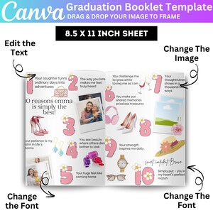 May include: A pink and white graduation booklet template with 10 reasons why someone is the best. The template includes a photo of two women, a pair of high heels, a watch, a pair of sunglasses, and a pair of earrings. The text on the template says "10 reasons emma is simply the best!" and "sweet, confident, brave".