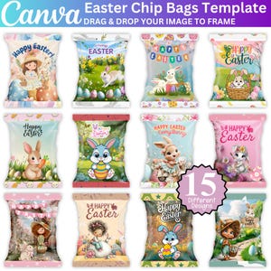 May include: A collection of 15 Easter-themed chip bag templates. Each bag features colorful designs with bunnies, eggs, and the text "Happy Easter". The bags are in various pastel colors, with floral and decorative elements.