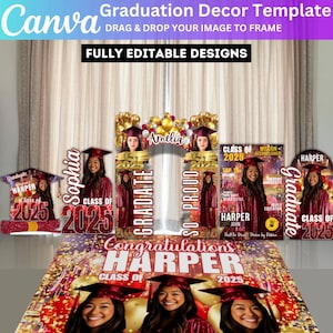 Custom Red Graduation Decor, Custom Shape Graduation Entrance Arch, Class of 2025 Magazine Backdrop, Hat Arch Wall Floor Wrap Decor Set File