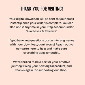 Peut inclure: Graphique de t&eacute;l&eacute;chargement num&eacute;rique avec le texte "THANK YOU FOR VISITING!" en noir. Le texte est sur un fond p&ecirc;che clair. Des informations suppl&eacute;mentaires expliquent le processus de t&eacute;l&eacute;chargement.
