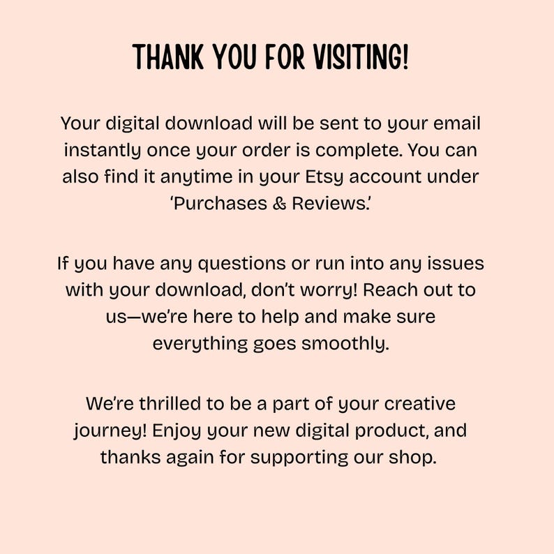 Peut inclure: Graphique de t&eacute;l&eacute;chargement num&eacute;rique avec le texte "THANK YOU FOR VISITING!" en noir. Le texte est sur un fond p&ecirc;che clair. Des informations suppl&eacute;mentaires expliquent le processus de t&eacute;l&eacute;chargement.