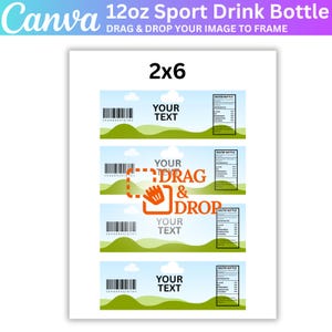 May include: A template for 2x6 inch sport drink bottle labels. The design features a blue sky, green hills, and space for text and a barcode. The labels include a section for nutritional information.
