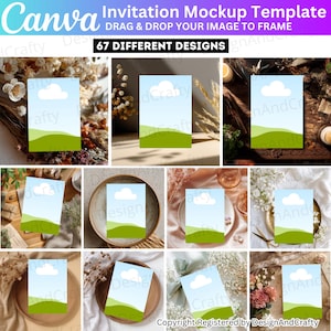 May include: An invitation mockup template with the Canva logo and the text "Invitation Mockup Template". The image shows 67 different designs with a blue sky, white cloud, and green landscape. The text "DRAG & DROP YOUR IMAGE TO FRAME" is also visible.