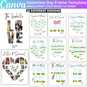 Op de afbeelding: Een Valentijnsdag frame sjabloon met 15 verschillende ontwerpen. De ontwerpen omvatten hartvormige fotocollages en tekstarrangementen zoals "LOVE" en "XOXO". De sjabloon is van Canva.