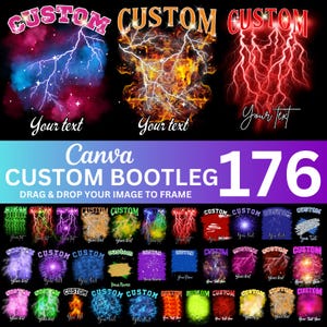 以下が含まれることがあります： 稲妻、炎、銀河の背景を特徴とする36種類の異なるデザインのデジタルコラージュ。デザインはすべて白黒で、さまざまな色を使用しています。画像には「CUSTOM」というテキストが複数回表示されています。