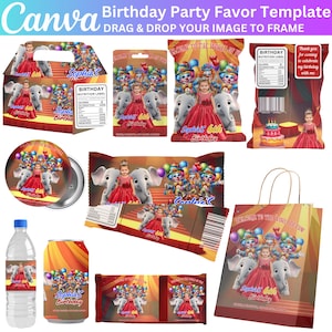 May include: A collection of birthday party favor templates featuring a young girl in a red dress, elephants, clowns, and the text "Sophia's 6th Birthday." The designs include boxes, bags, labels, and a water bottle wrap.