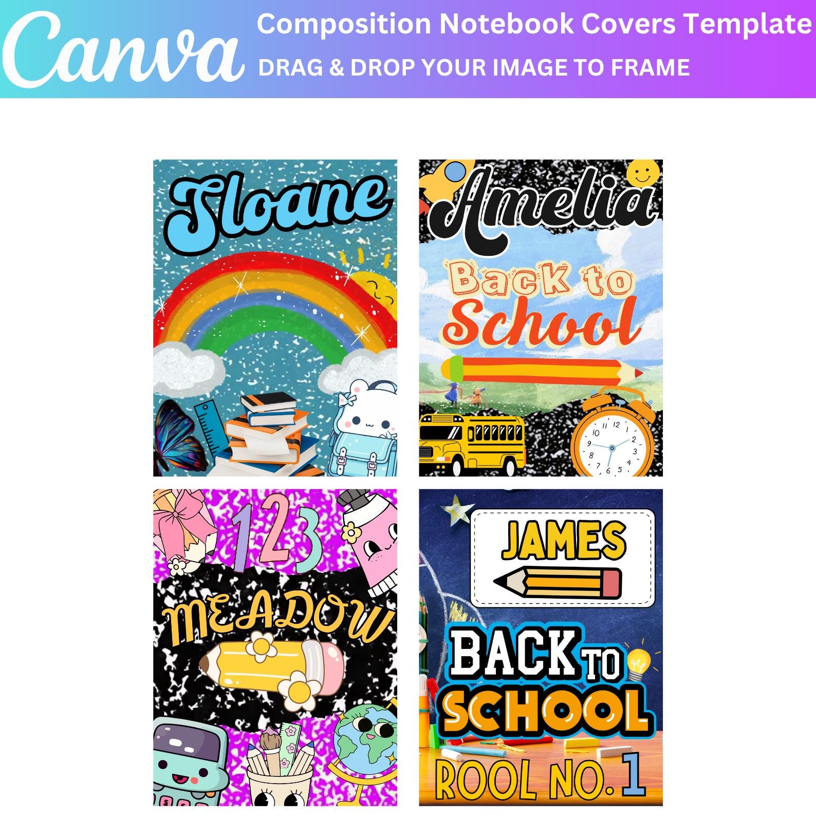 12 Composition Notebook Cover Template Bundle, Editable Canva ...