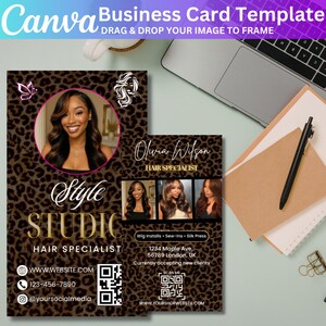 K&ouml;nnte beinhalten: Eine Visitenkartenvorlage mit Leopardenmuster. Die Karte zeigt ein Foto einer Frau, den Text "Style Studio Hair Specialist" und Kontaktinformationen. Das Canva-Logo ist oben zu sehen.