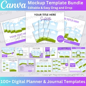 May include: A mockup template bundle for Canva, featuring various digital planner and journal designs. The image showcases multiple layouts with text placeholders, a Canva logo, and the text "Editable & Easy Drag and Drop". The color scheme includes shades of purple, green, and white.
