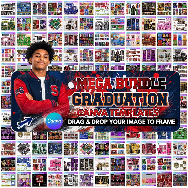 Abschluss Mega Bundle Canva Templates, Class of 2026 Grad Kit, Bootleg Shirts, Fan Paddles, Zeitung, Stola, Banner, Partygeschenke, Dekor Bild 1