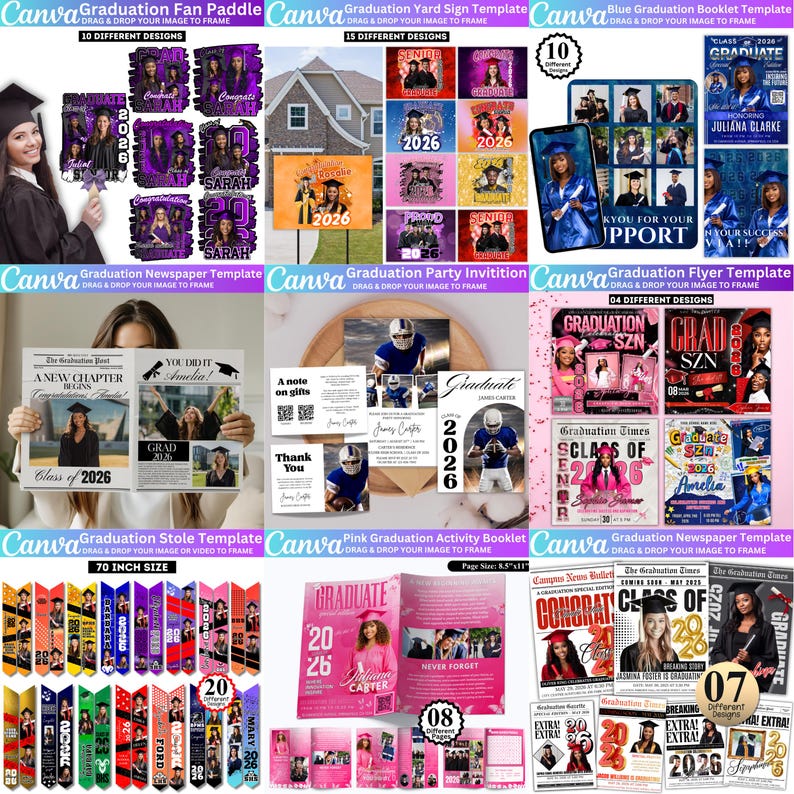Abschluss Mega Bundle Canva Templates, Class of 2026 Grad Kit, Bootleg Shirts, Fan Paddles, Zeitung, Stola, Banner, Partygeschenke, Dekor Bild 9