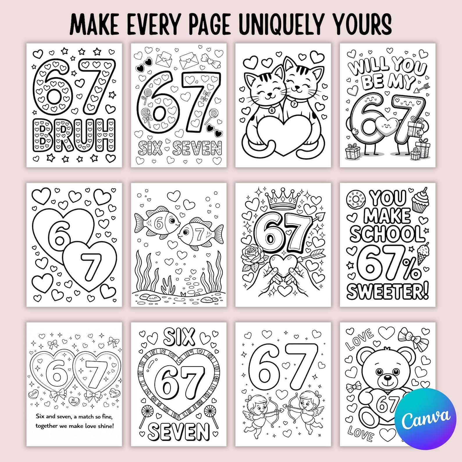 6 7 Valentines Coloring Pages Bundle, Six Seven Viral Meme 6 7 Coloring