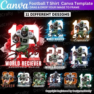 May include: A Canva template for football t-shirts, featuring 11 different designs. Each design showcases a football player with a jersey number and name, set against a colorful background. The text "Football T Shirt Canva Template" is at the top.