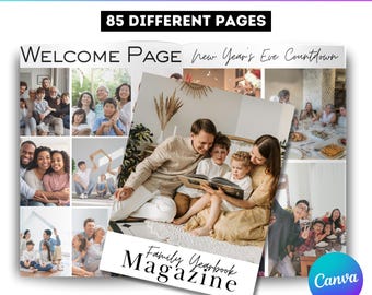 Plantilla editable de Canva para 85 revistas fotográficas, diseños de collages de fotos para anuarios familiares, revistas Canva personalizadas para álbumes familiares, diseños imprimibles.