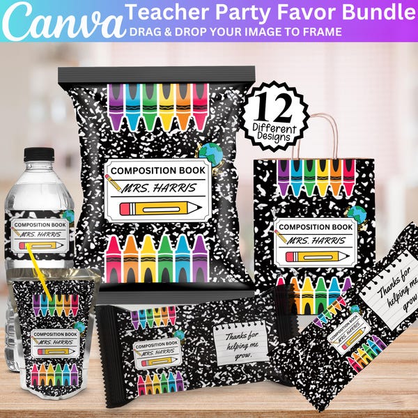 Teacher Appreciation Week Party Favor Bundle, Canva Editable Teacher Gift Set, Thank You Teacher Gifts End of School, Chip Bag, Water Bottle