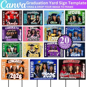 20 plantillas editables de letreros de graduación para jardín en Canva, paquete de banderas de graduación 2026, letreros de graduación para jardín 2026, plantillas digitales de letreros para jardín en Canva