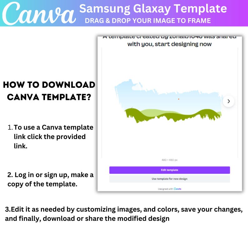 Peut inclure: Un mod&egrave;le Canva pour un t&eacute;l&eacute;phone Samsung Galaxy. Le mod&egrave;le pr&eacute;sente un ciel bleu avec des collines vertes et un point rouge. Le texte "Un mod&egrave;le cr&eacute;&eacute; par zonai01040 a &eacute;t&eacute; partag&eacute; avec vous, commencez &agrave; concevoir maintenant" est affich&eacute; au-dessus de l'image. Le texte "Modifier le mod&egrave;le" est affich&eacute; sur un bouton violet. Le texte "Utiliser le mod&egrave;le pour une nouvelle conception" est affich&eacute; sous le bouton. Le texte "Con&ccedil;u avec Canva" est affich&eacute; sous le texte "Utiliser le mod&egrave;le pour une nouvelle conception".